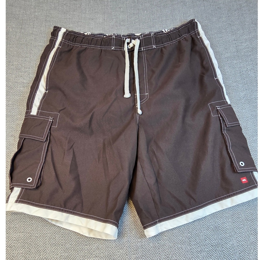 Tony Hawk Mens XL Brown White Side Stripe Cargo Board Shorts Swim Trunks Mesh